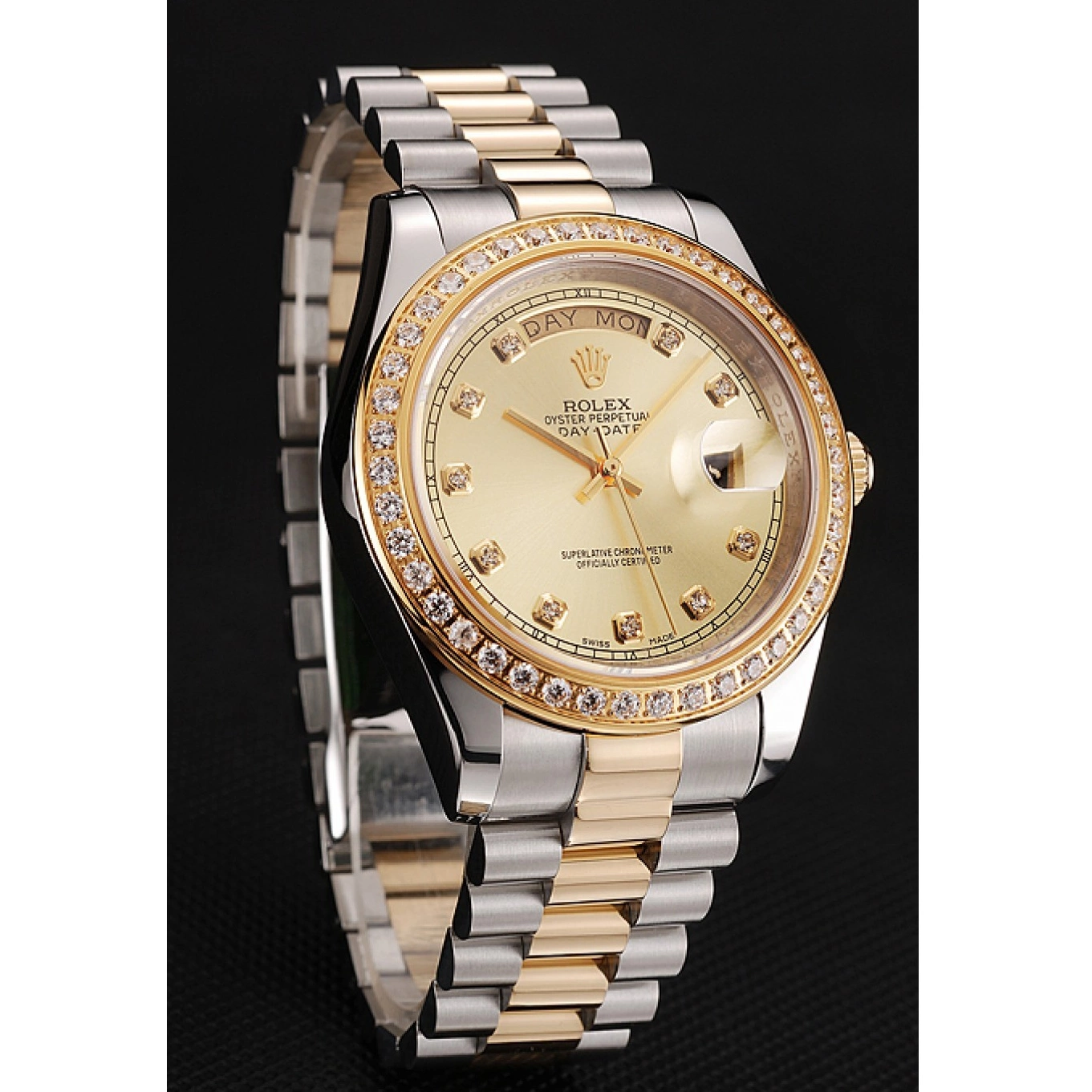 MiroTime 0705 Swiss Rolex Day-Date Champagne Dial Gold Diamond Case Two Tone Stainless Steel Bracelet 1453974